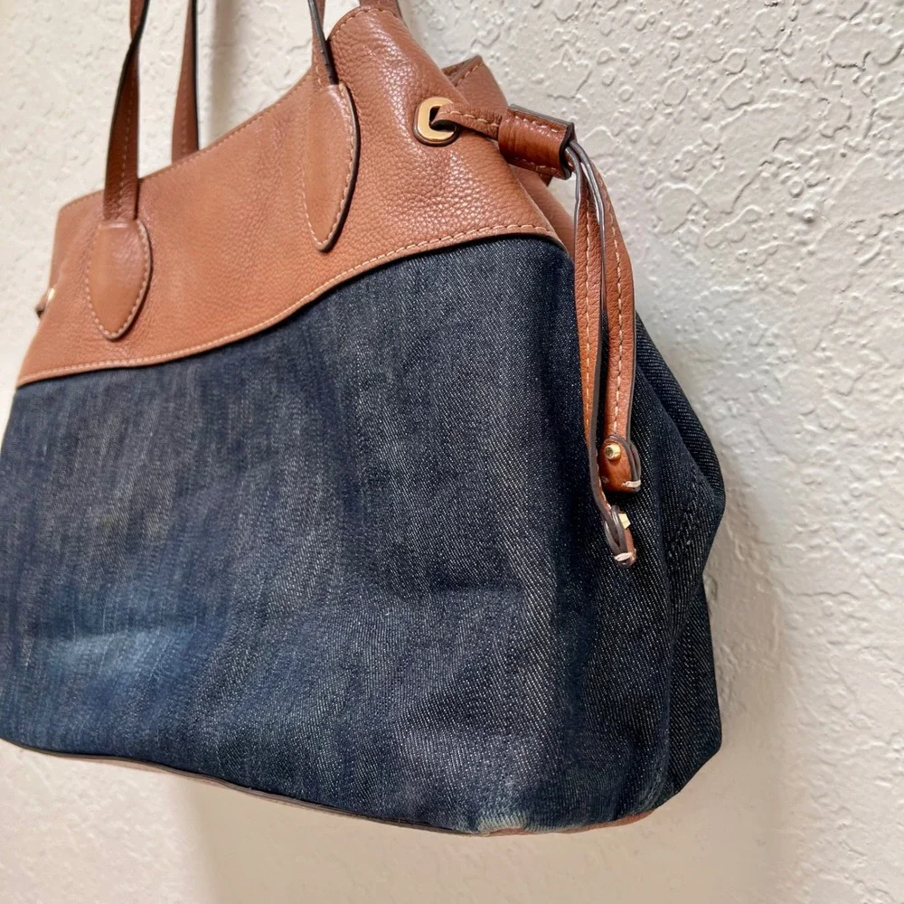Michael Kors Marina Drawstring Denim Brown Leather Tote Shoulder Bag Designer